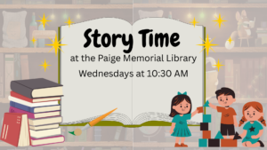 Image that reads Story time on an open book with children playing, books and sparkles.